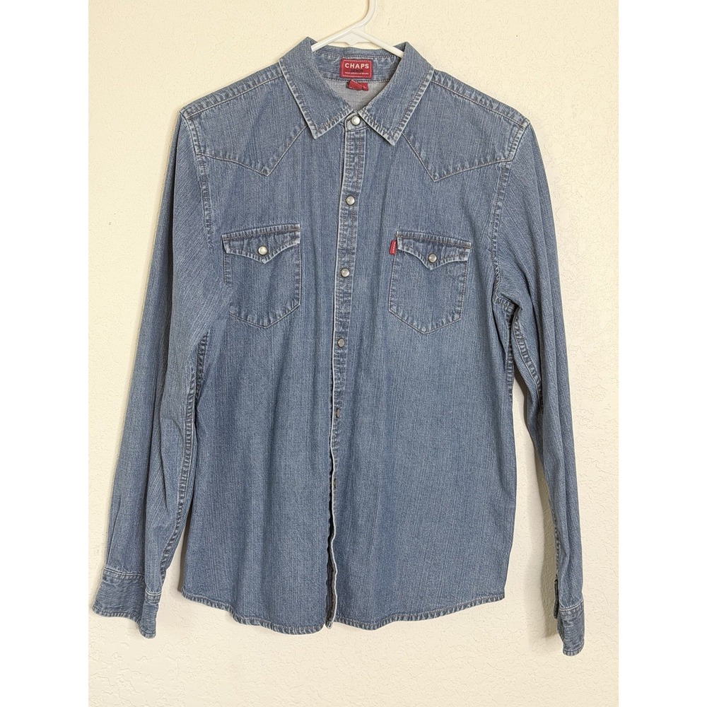 Vintage Chaps Denim Western Shirt Men's L Blue Pearl Snap Cotton Cowboy